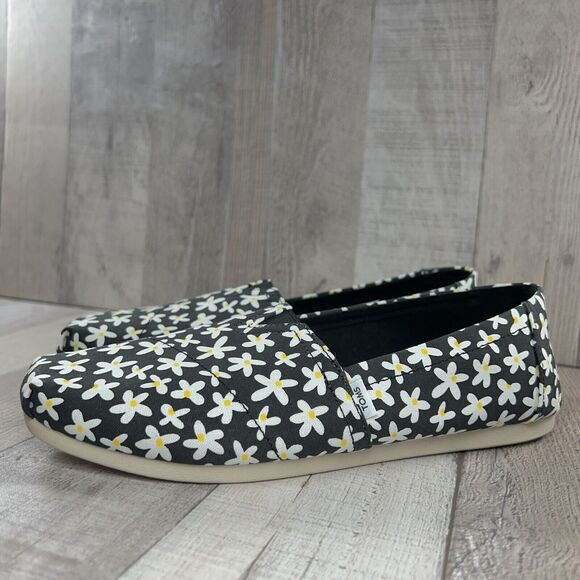 Toms Womens 7 Belmont Black Sun Daisies Print Slip On Loafer Canvas Casual Shoes - Picture 1 of 13
